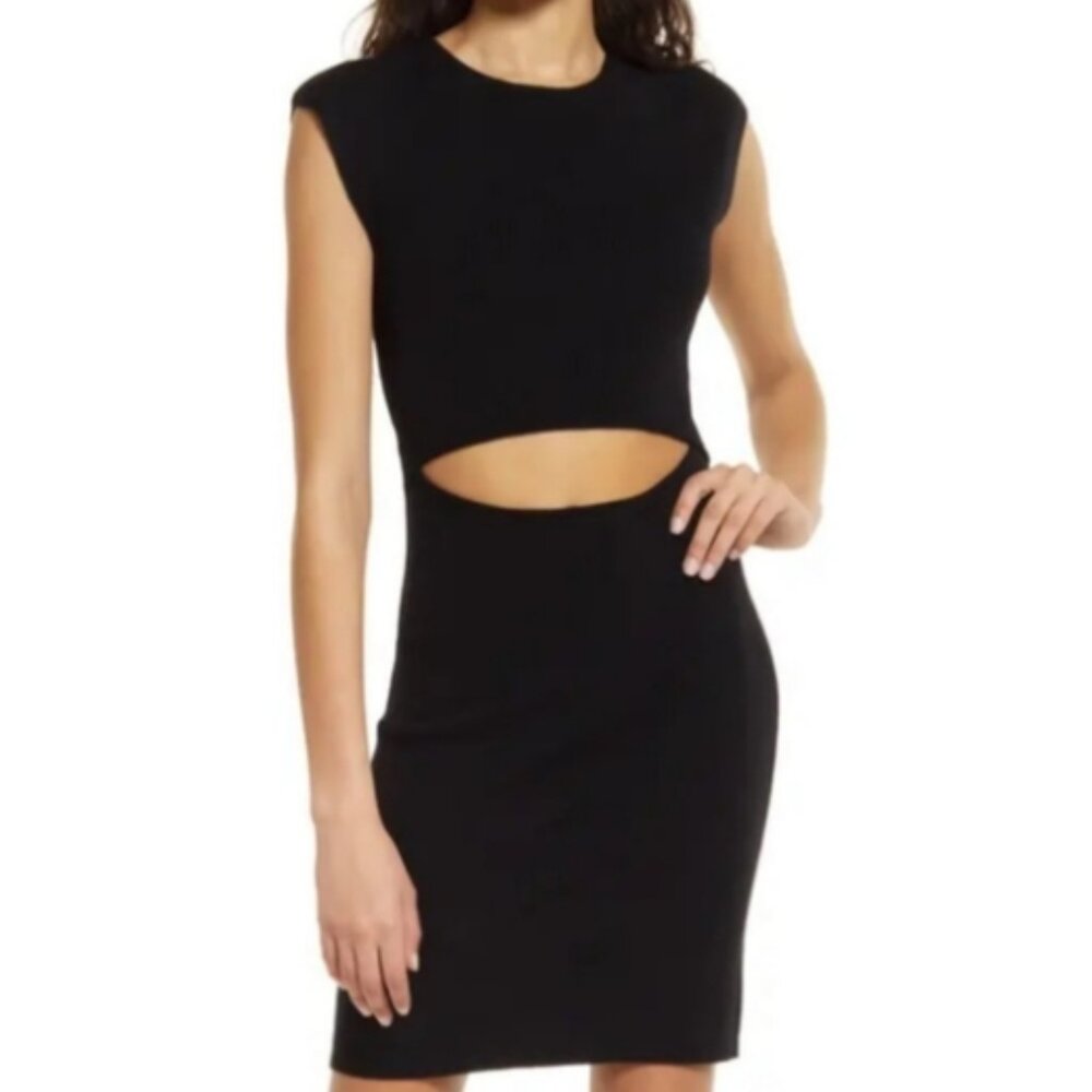 NWT House of Harlow 1960 pristine cutout ribbed knit dress in black, size L
